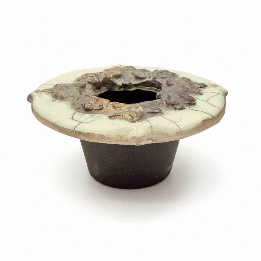 Vintage Ikebana Cream Raku Pottery Vase Prolon Pin Flower Frog Iridescent